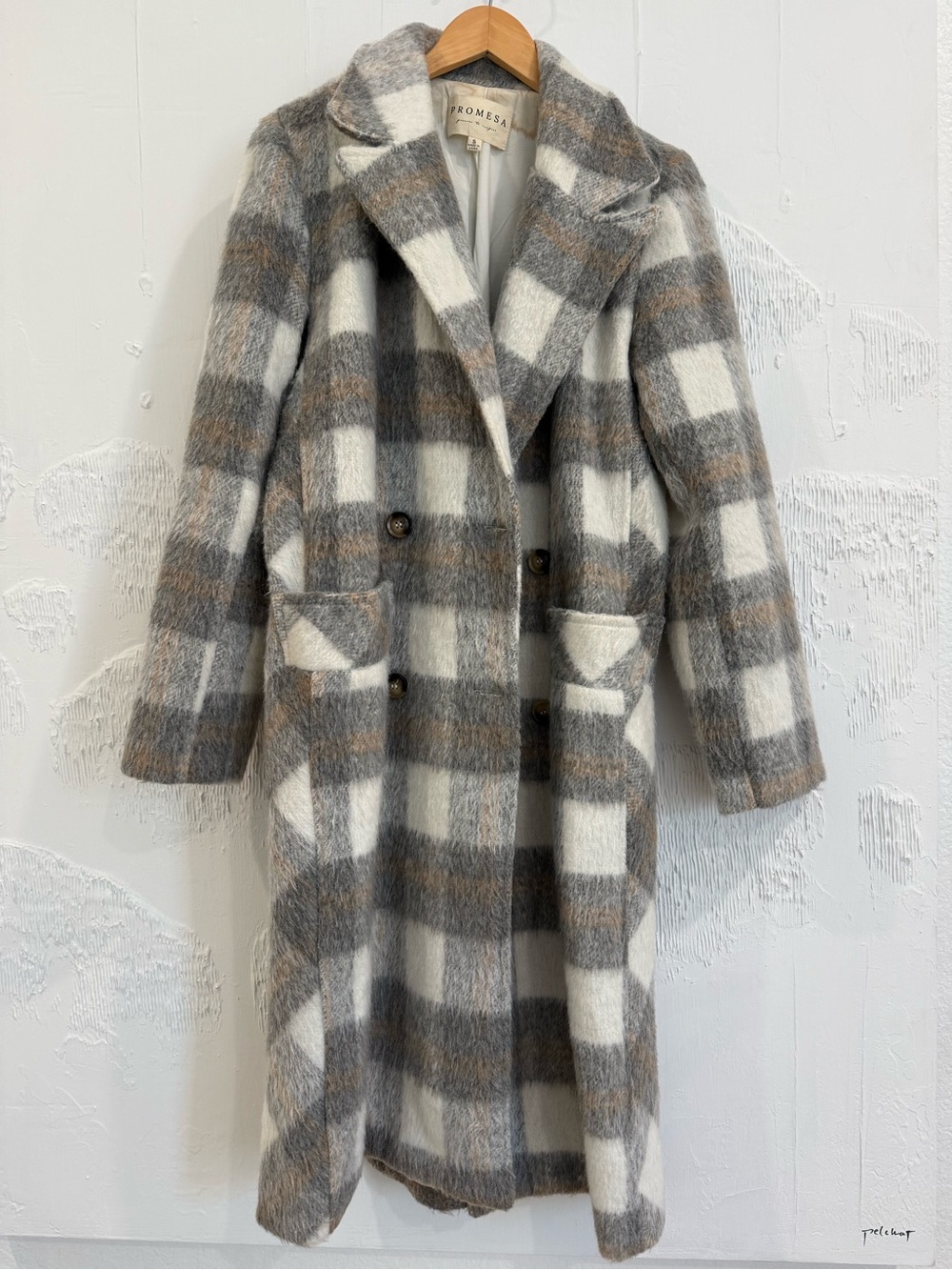 Promesa Plaid Double-Breasted Long Trench Coat in Gray & Cream
